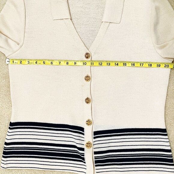 St John Collection Marie Gray Sz 10 Collared Striped Cardigan V-Neck Gold Button - Picture 8 of 13